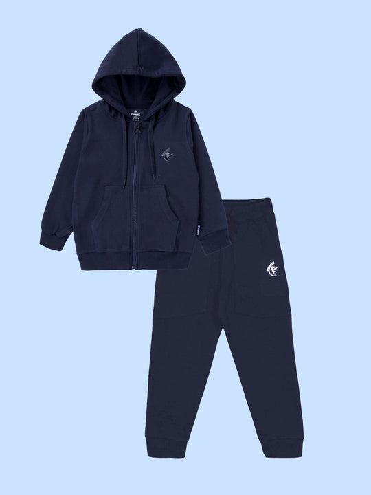 Boys Solid Full Sleeve Zip Front Open Hooded Sweatshirt & Track Pant Set