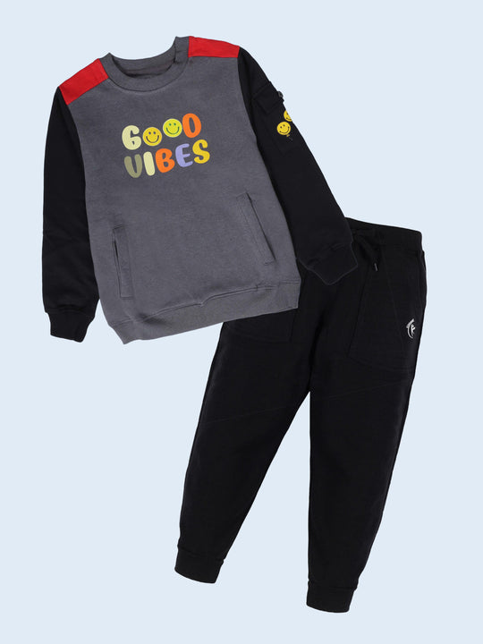 Boys Round Neck Sweatshirts With Pocket With Multi Print & Track Pant Set