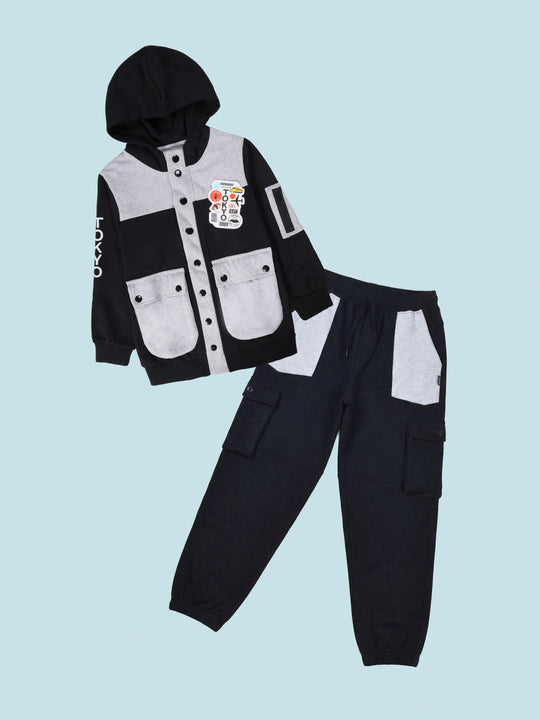 Boys Open Bellow Cargo Pocket Hooded Sweatshirt With Tokyo themed Badges and Prints & Cargo Track Pant Set