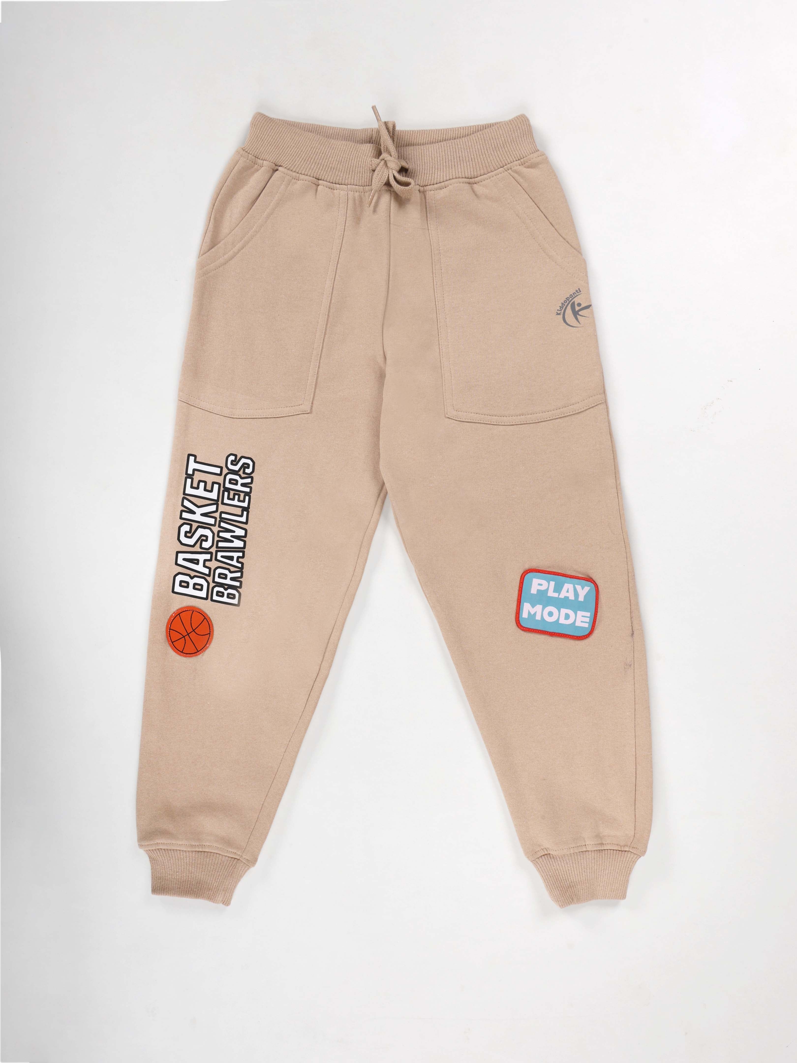 KiddoPanti Boys Printed Fleece Track Pant With Multi Badge