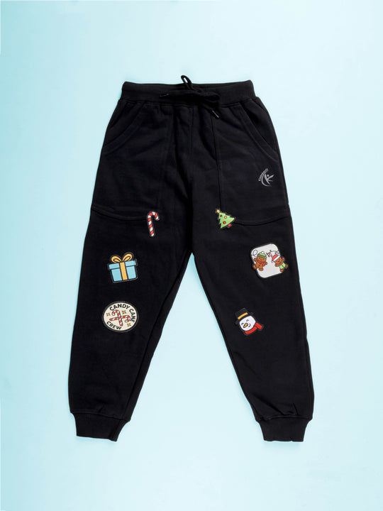 Kiddopanti Boys Solid Fleece Jogger Track Pant With Christmas Themed Badges