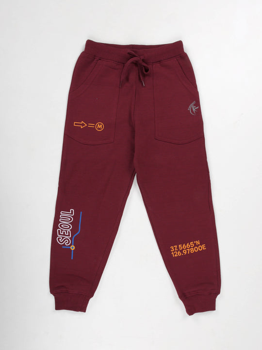 KiddoPanti Boys Printed Fleece Track Pant With Multi Badge