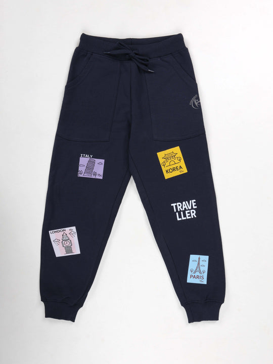 KiddoPanti Boys Printed Fleece Track Pant With Multi Badge