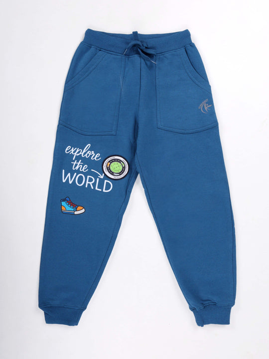 KiddoPanti Boys Printed Fleece Track Pant With Multi Badge