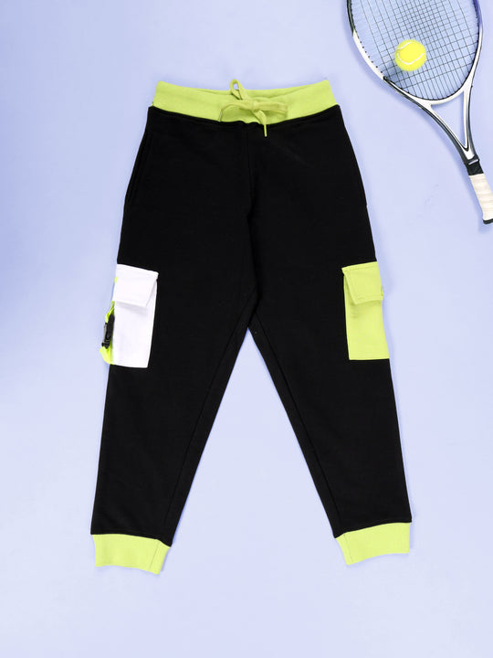 KiddoPanti Boys Colour Block Cargo Pocket Fleece Track Pant