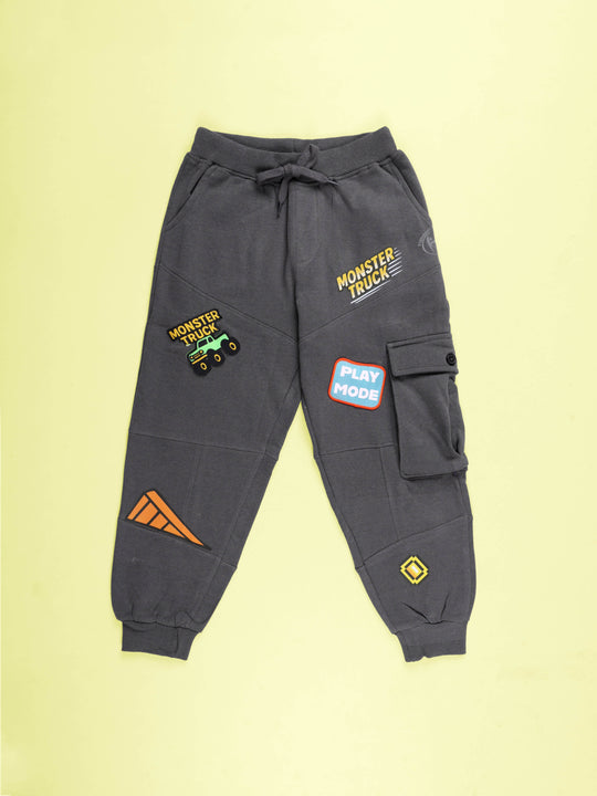 Kiddopanti Boys Fleece Gaming theme And Monster Truck Cut & Sew Cargo Track Pant