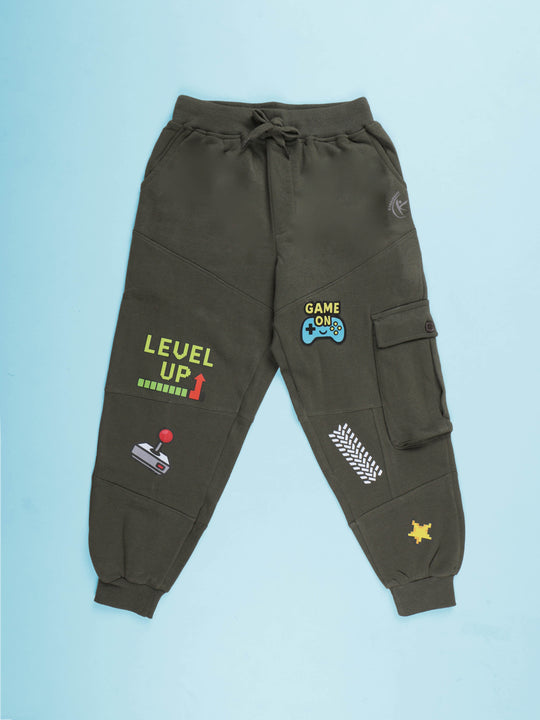 Kiddopanti Boys Fleece Gaming theme And Monster Truck Cut & Sew Cargo Track Pant