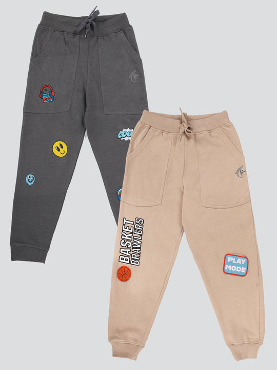 KiddoPanti Boys Printed Fleece Track Pant With Multi Badge Pack of 2