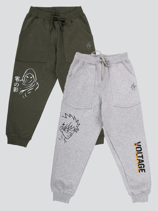 KiddoPanti Boys Printed Fleece Track Pant With Multi Badge Pack of 2