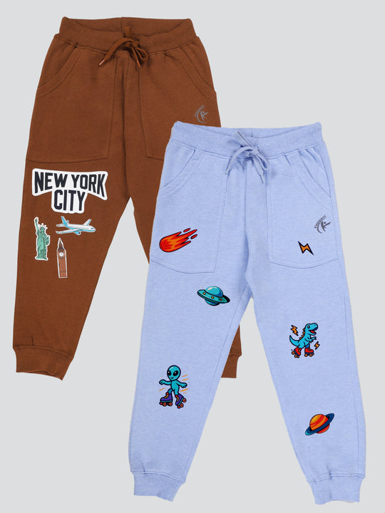 KiddoPanti Boys Printed Fleece Track Pant With Multi Badge Pack of 2