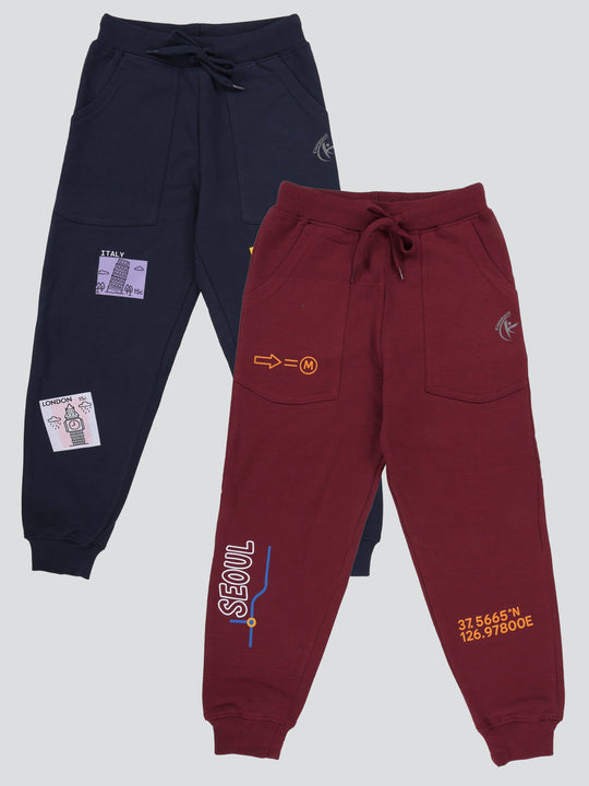 KiddoPanti Boys Printed Fleece Track Pant With Multi Badge Pack of 2