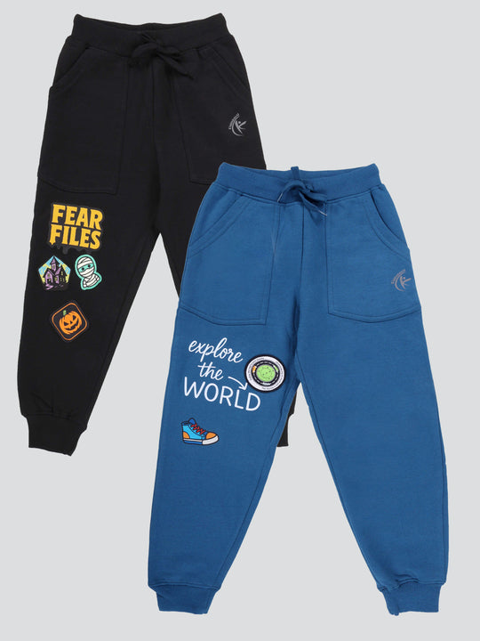 KiddoPanti Boys Printed Fleece Track Pant With Multi Badge Pack of 2