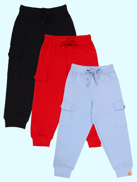 KiddoPanti Boys Cotton Knit Cargo Jogger Pants Pack of 3