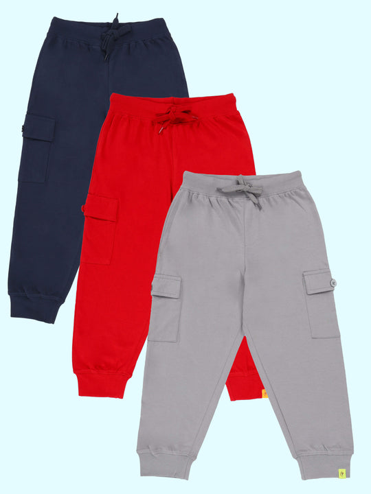KiddoPanti Boys Cotton Knit Cargo Jogger Pants Pack of 3