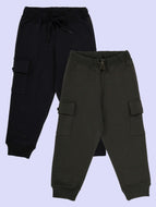 KiddoPanti Boys Fleece Joggers Cargo Pocket Track Pants Pack of 2 - Military Green & Black / 1-2Y