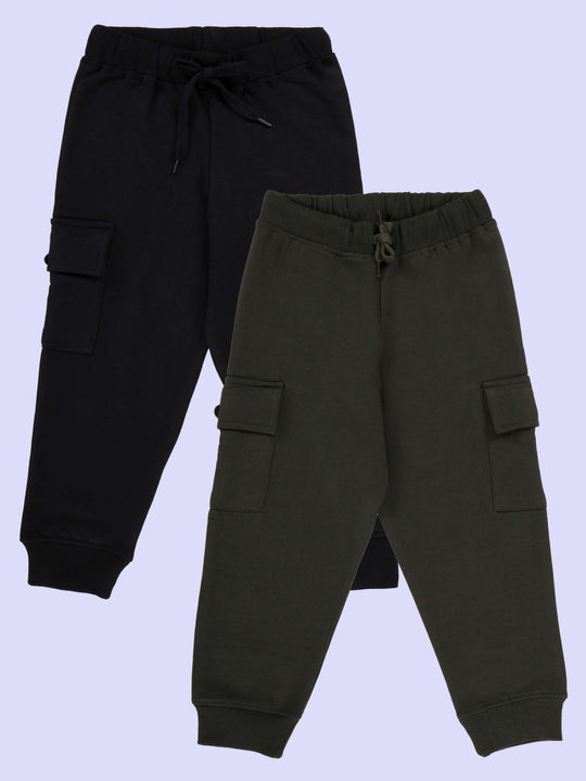 Kiddopanti Pack of 2 Cotton Fleece Solid Joggers Cargo Pocket Track Pants