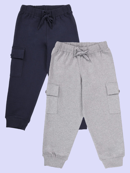 Kiddopanti Pack of 2 Cotton Fleece Solid Joggers Cargo Pocket Track Pants