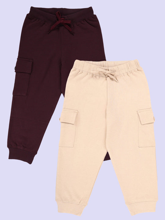 Kiddopanti Pack of 2 Cotton Fleece Solid Joggers Cargo Pocket Track Pants