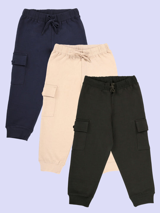 Kiddopanti Boys Fleece Solid Joggers Cargo Pocket Track Pants Pack of 3