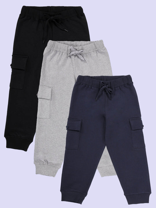 Kiddopanti Boys Fleece Solid Joggers Cargo Pocket Track Pants Pack of 3