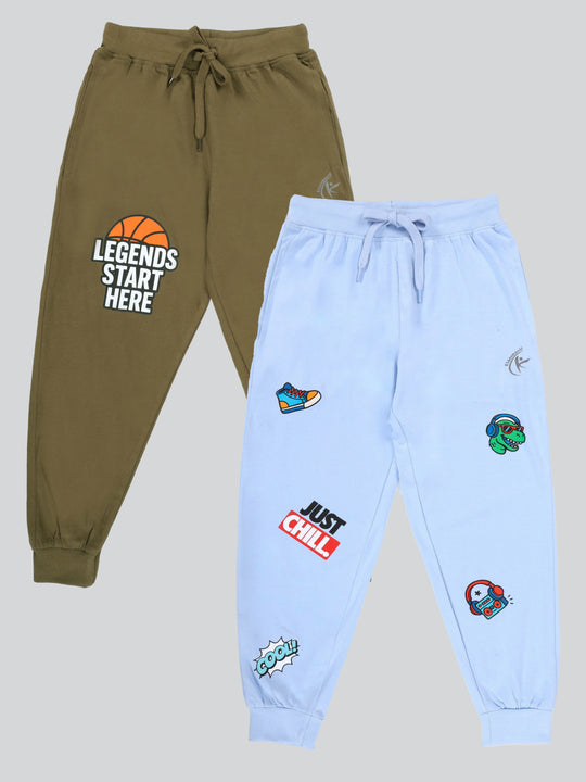 KiddoPanti Boys Cotton Jogger Track Pants with Multi Badge Pack of 2