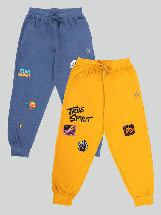 KiddoPanti Boys Cotton Jogger Track Pants with Multi Badge Pack of 2