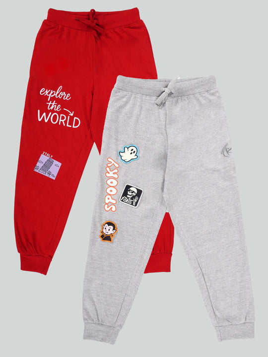 KiddoPanti Boys Cotton Jogger Track Pants with Multi Badge Pack of 2
