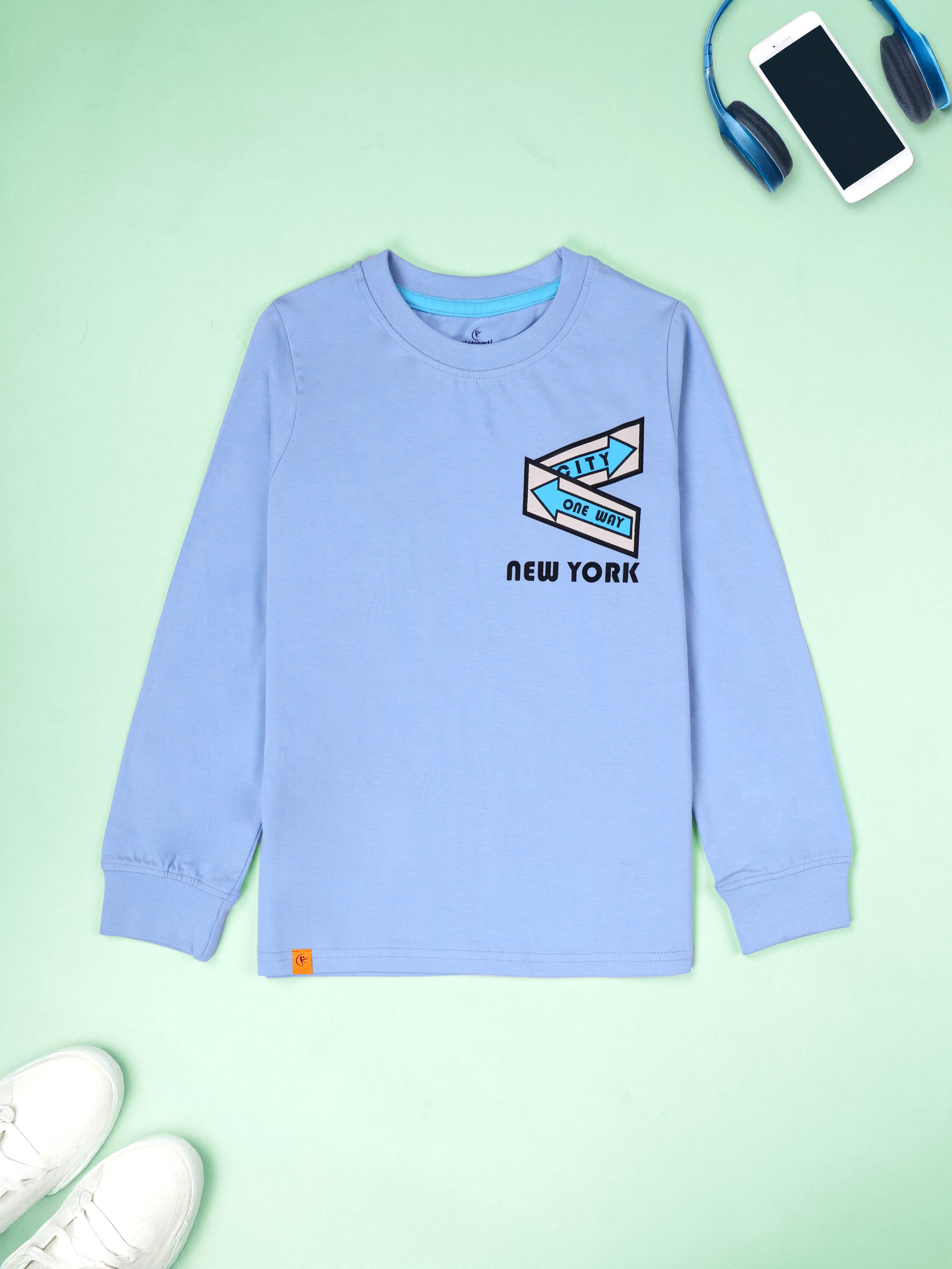 KiddoPanti Boys Cotton New york City Printed Round Neck Full Sleeve Casual Tee
