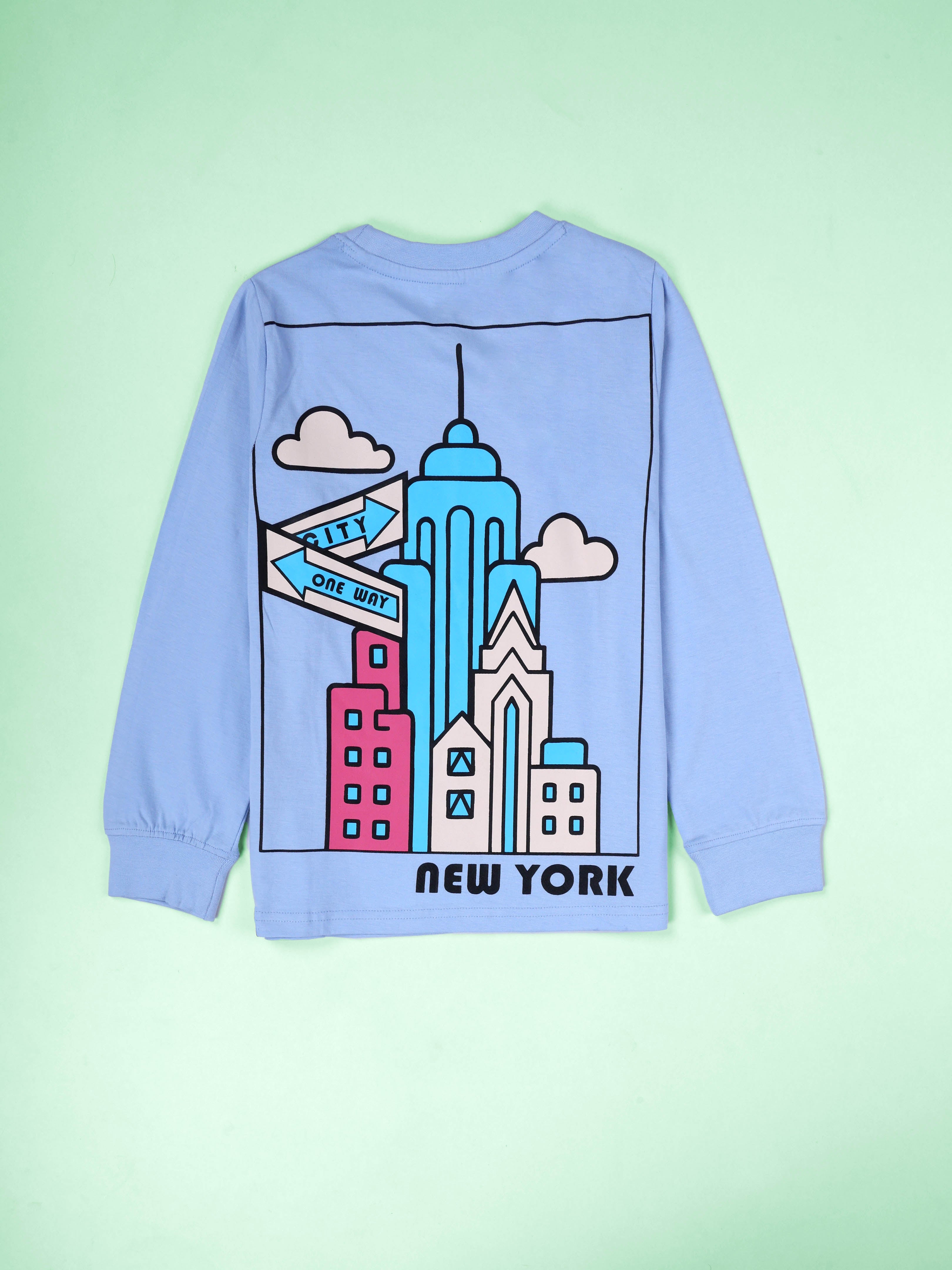 KiddoPanti Boys Cotton New york City Printed Round Neck Full Sleeve Casual Tee