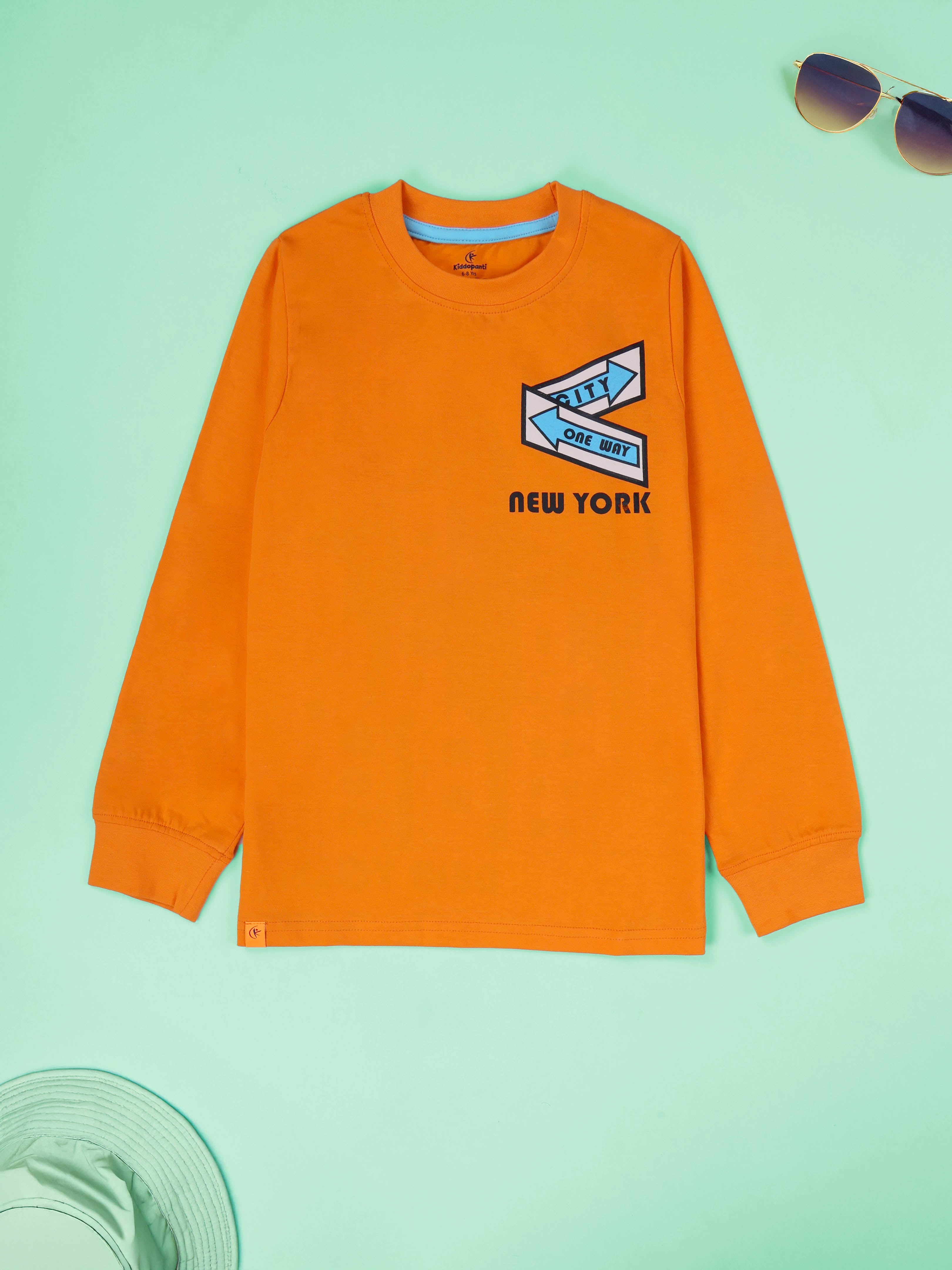 KiddoPanti Boys Cotton New york City Printed Round Neck Full Sleeve Casual Tee