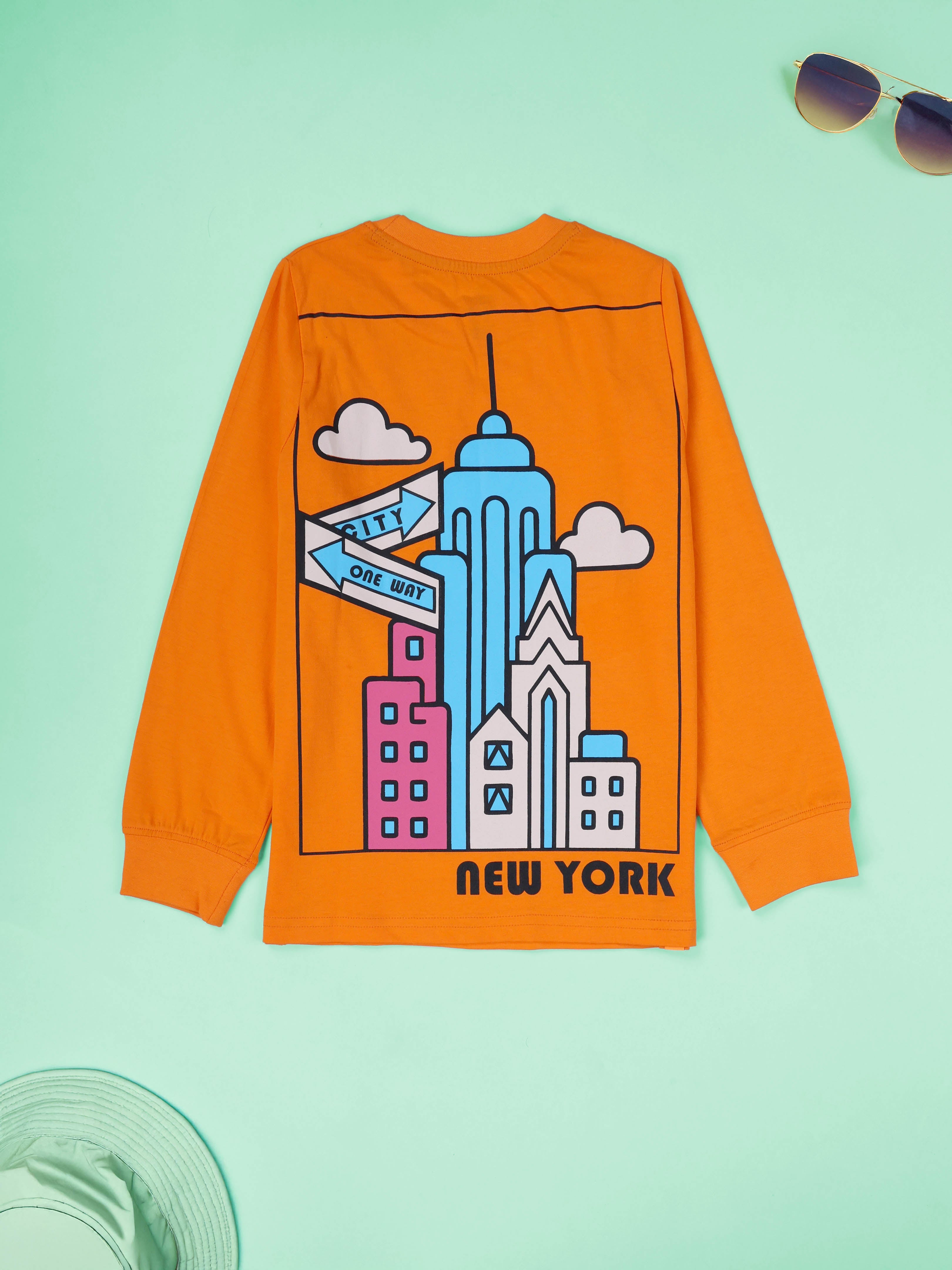 KiddoPanti Boys Cotton New york City Printed Round Neck Full Sleeve Casual Tee