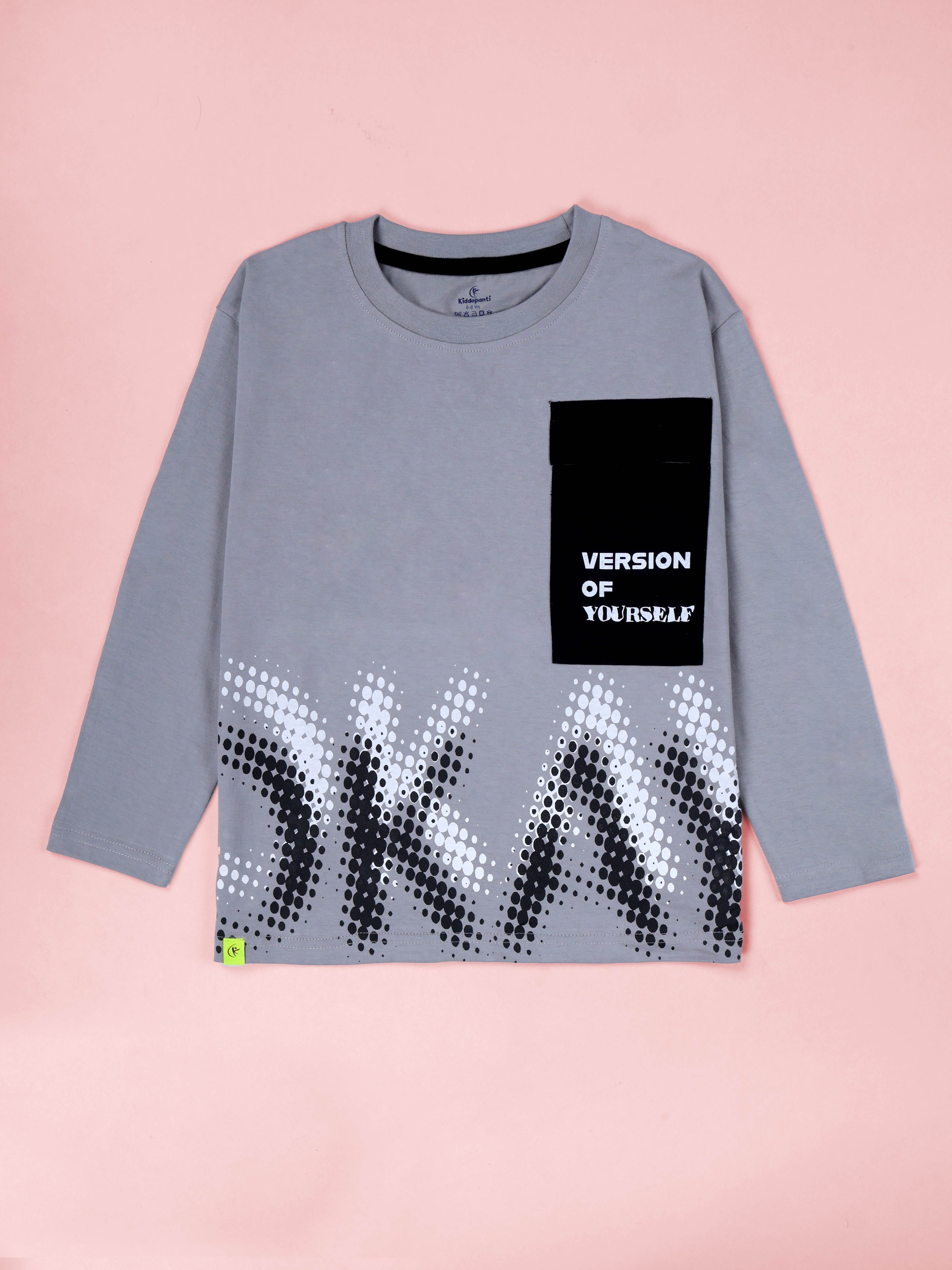 KiddoPanti Boys Cotton Okay Printed Drop Shoulder Round Neck Full Sleeve Casual Tee