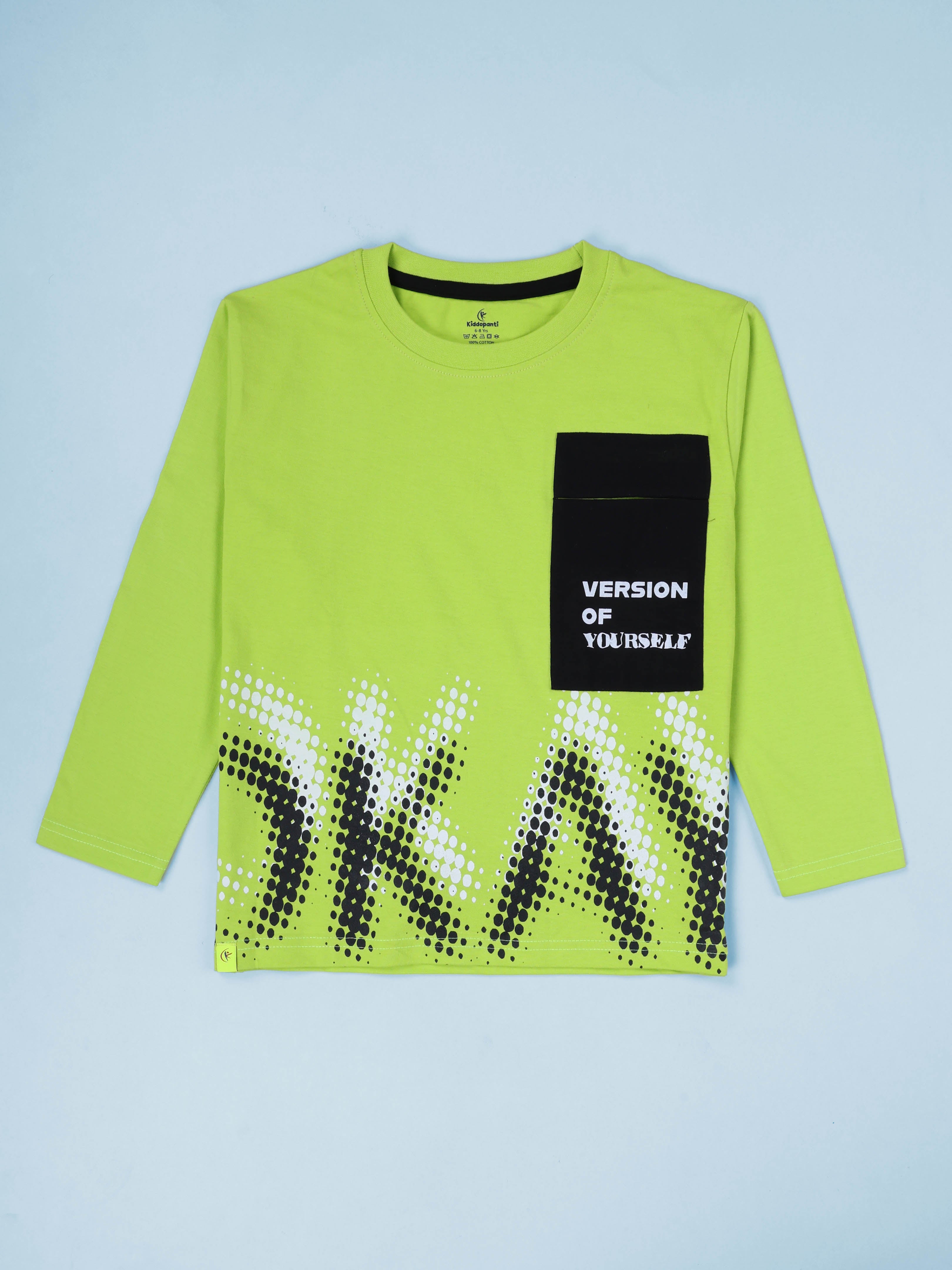 KiddoPanti Boys Cotton Okay Printed Drop Shoulder Round Neck Full Sleeve Casual Tee