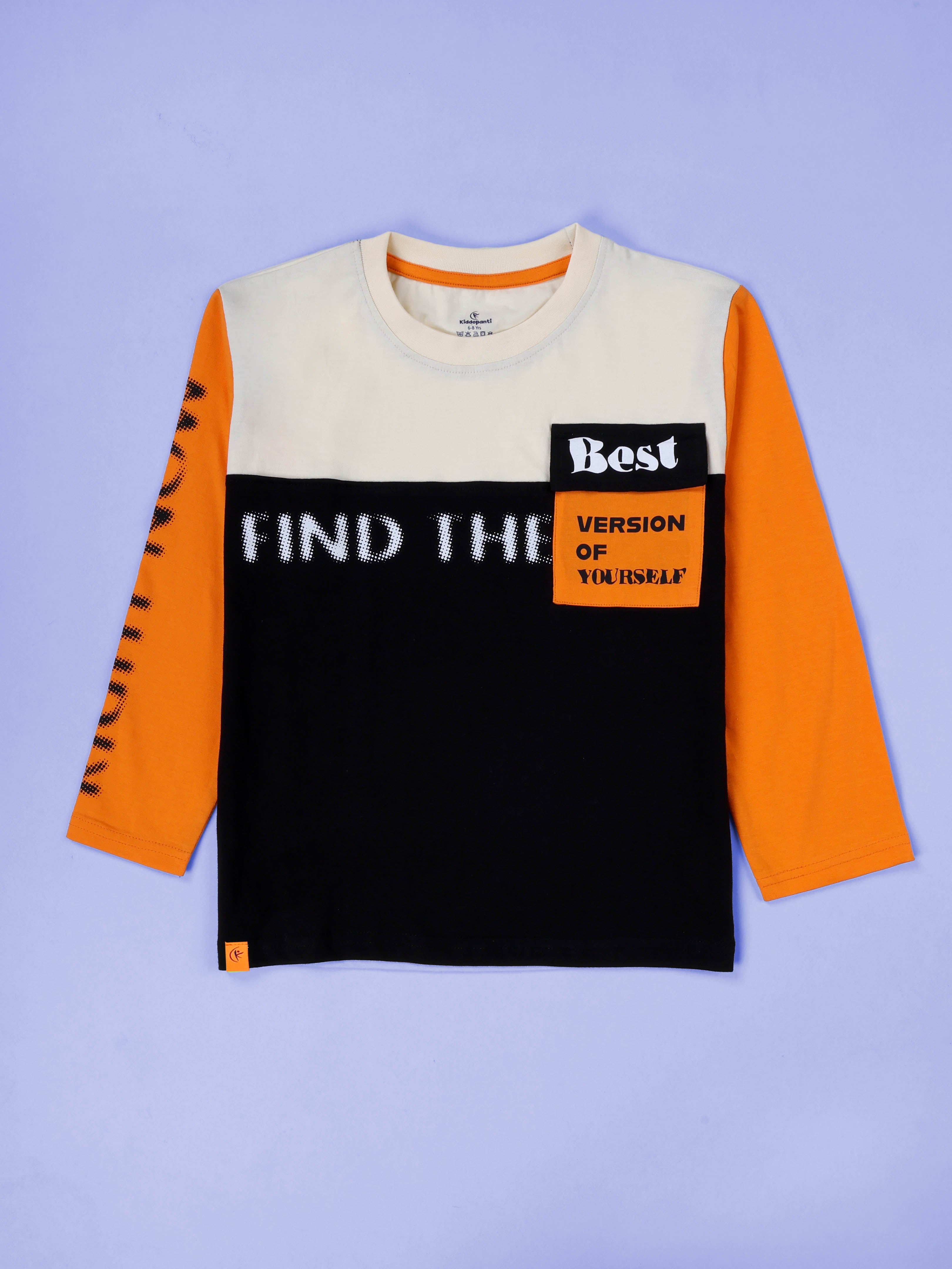 KiddoPanti Boys Cotton Printed Drop Shoulder Round Neck Full Sleeve Casual Tee