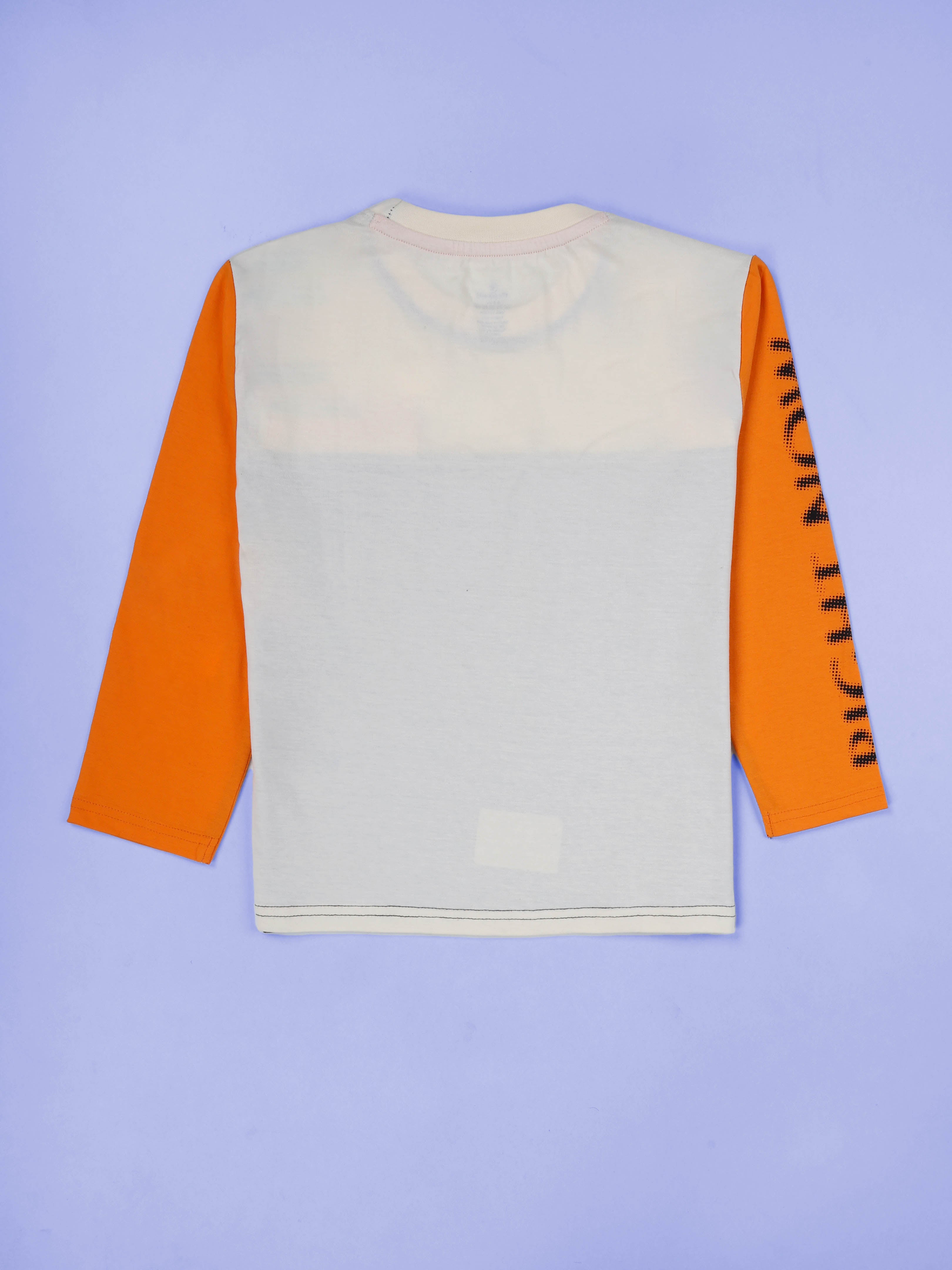 KiddoPanti Boys Cotton Printed Drop Shoulder Round Neck Full Sleeve Casual Tee