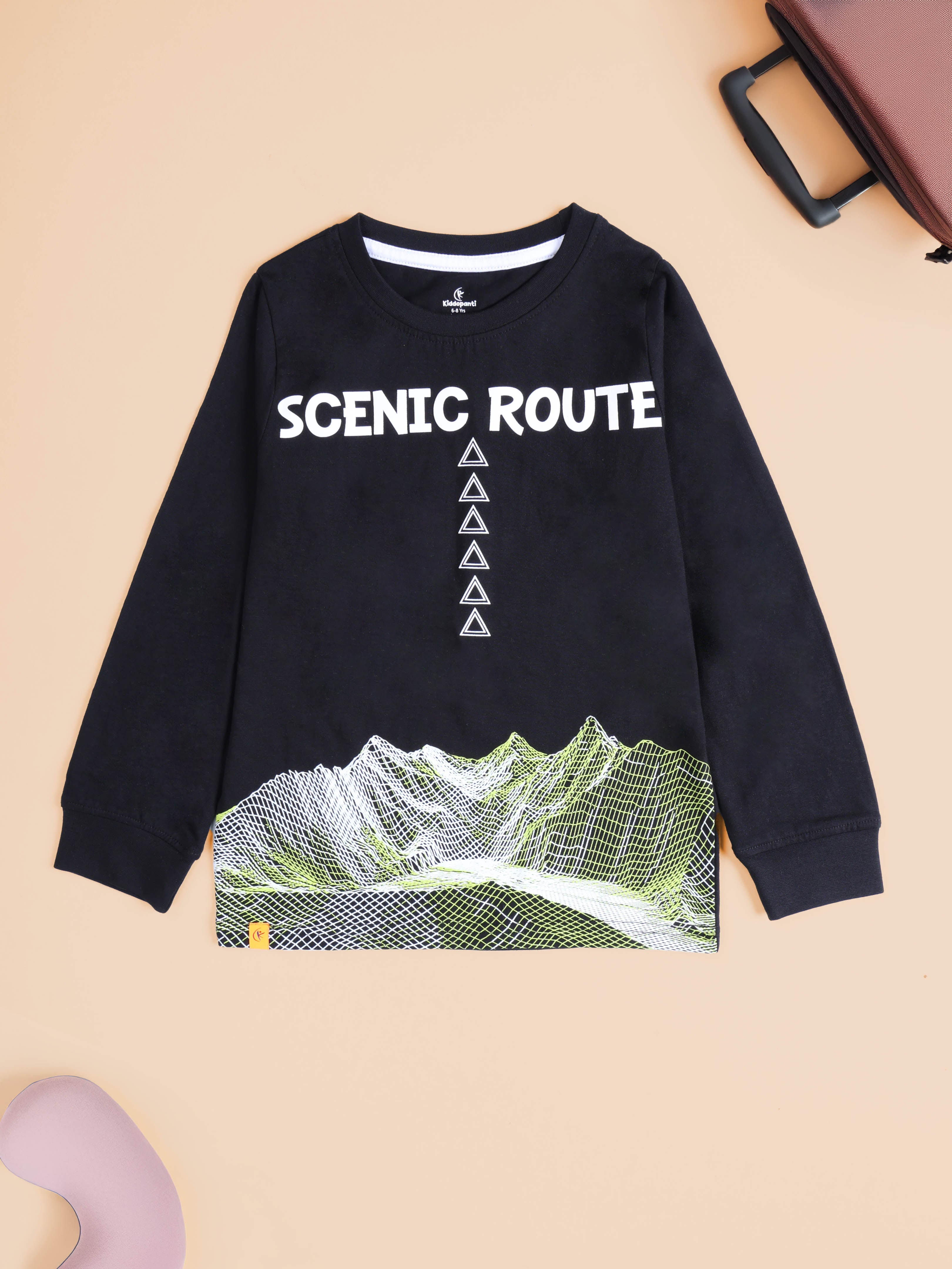 KiddoPanti Boys Cotton Scenic Route Printed Round Neck Full Sleeve Casual Tee