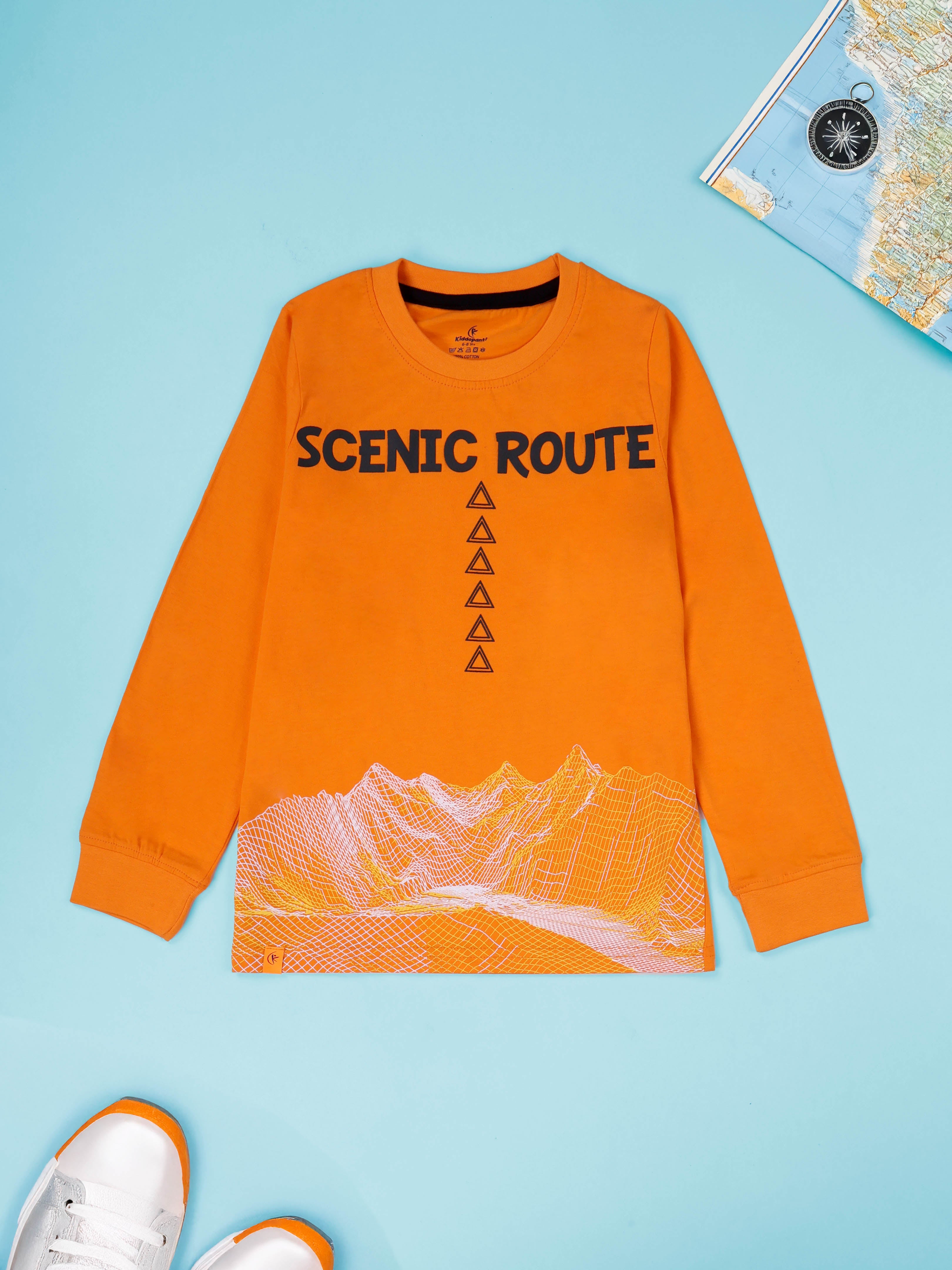 KiddoPanti Boys Cotton Scenic Route Printed Round Neck Full Sleeve Casual Tee