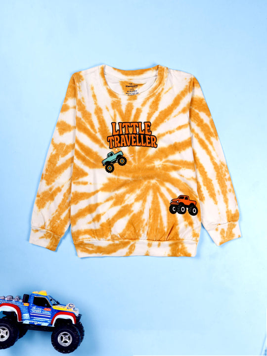 Kiddopanti Boys Cotton Knit Full Sleeves Tie and Dye Badges and Printed Tee