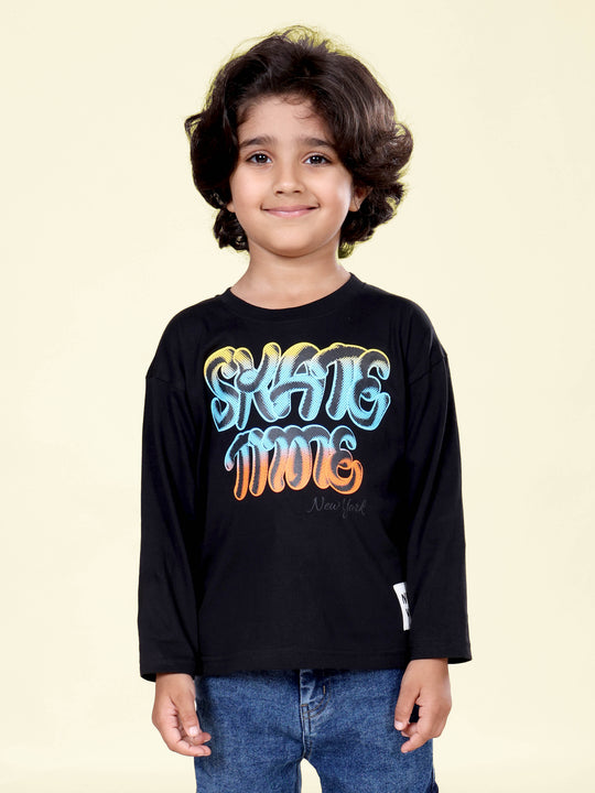 Boys Cotton Knit Full Sleeves Skate Time Printed Round Neck Tee