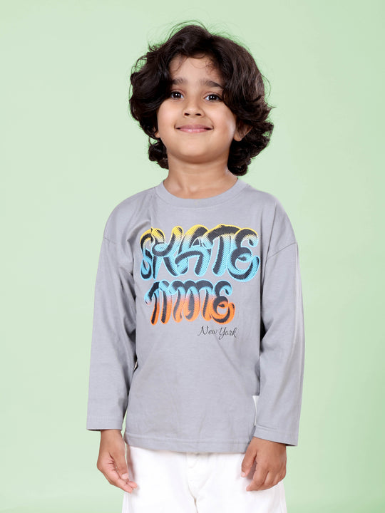 Boys Cotton Knit Full Sleeves Skate Time Printed Round Neck Tee