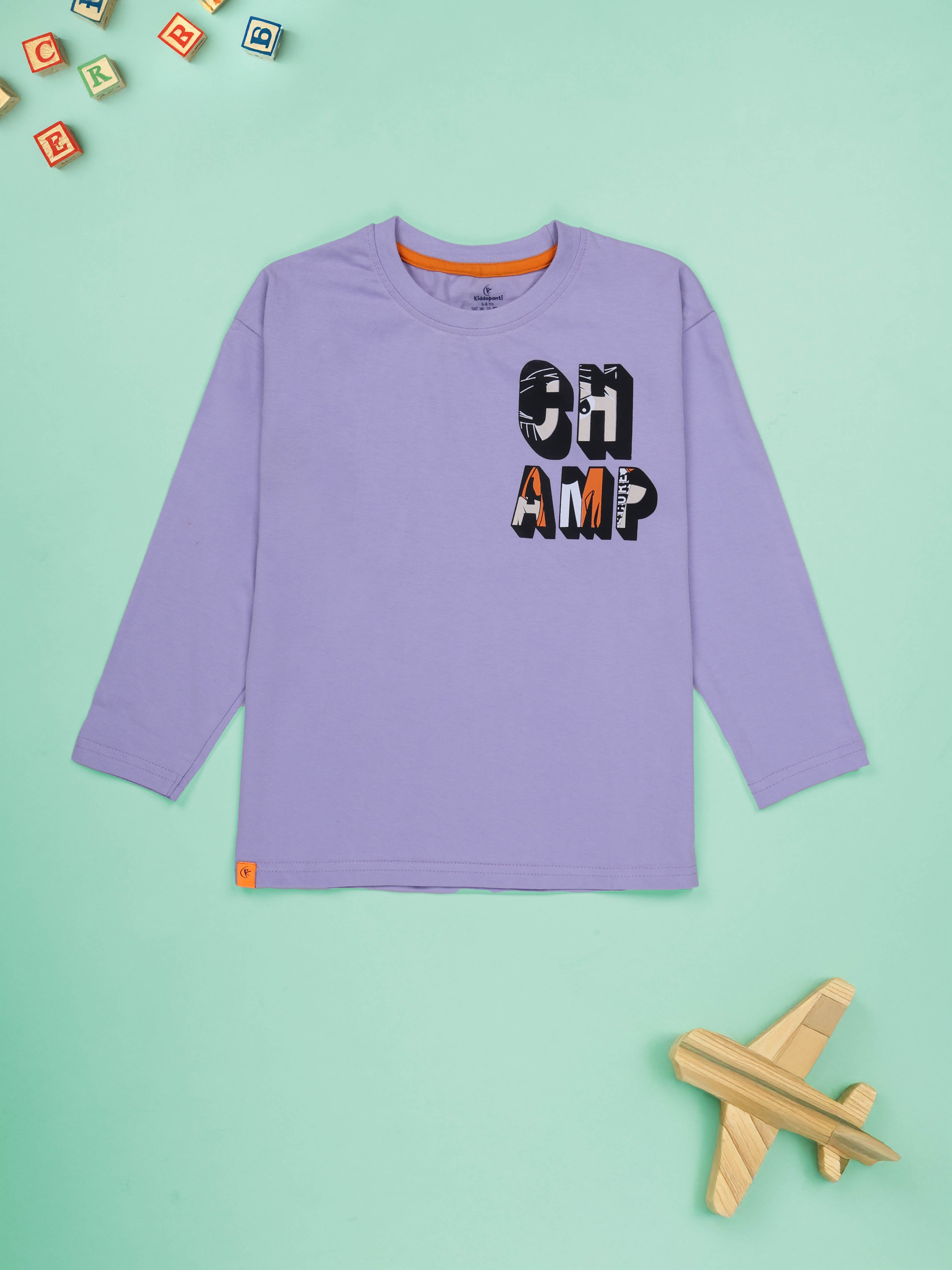 KiddoPanti Boys Cotton Champ Printed Round Neck Full Sleeve Casual Tee