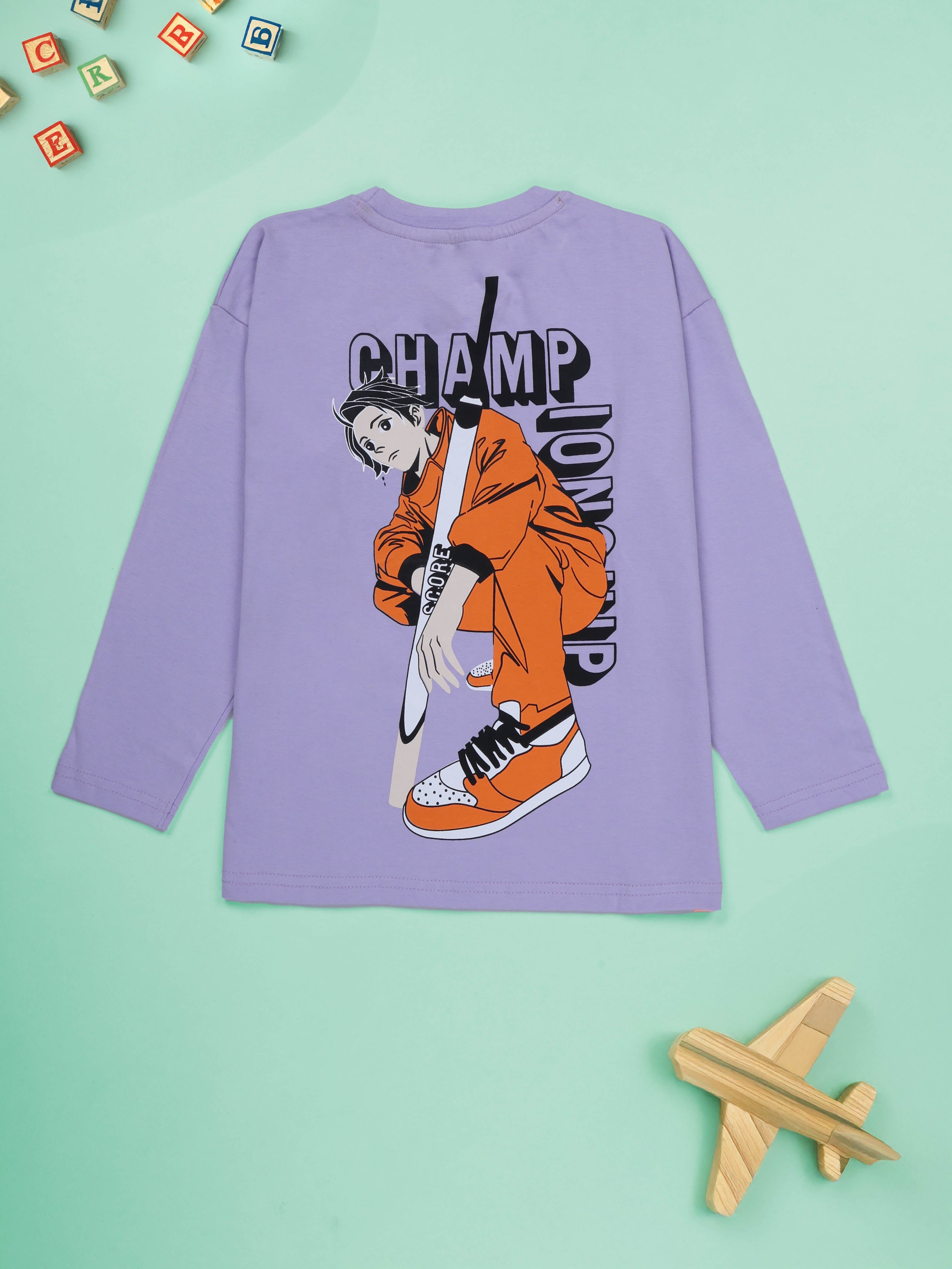 KiddoPanti Boys Cotton Champ Printed Round Neck Full Sleeve Casual Tee