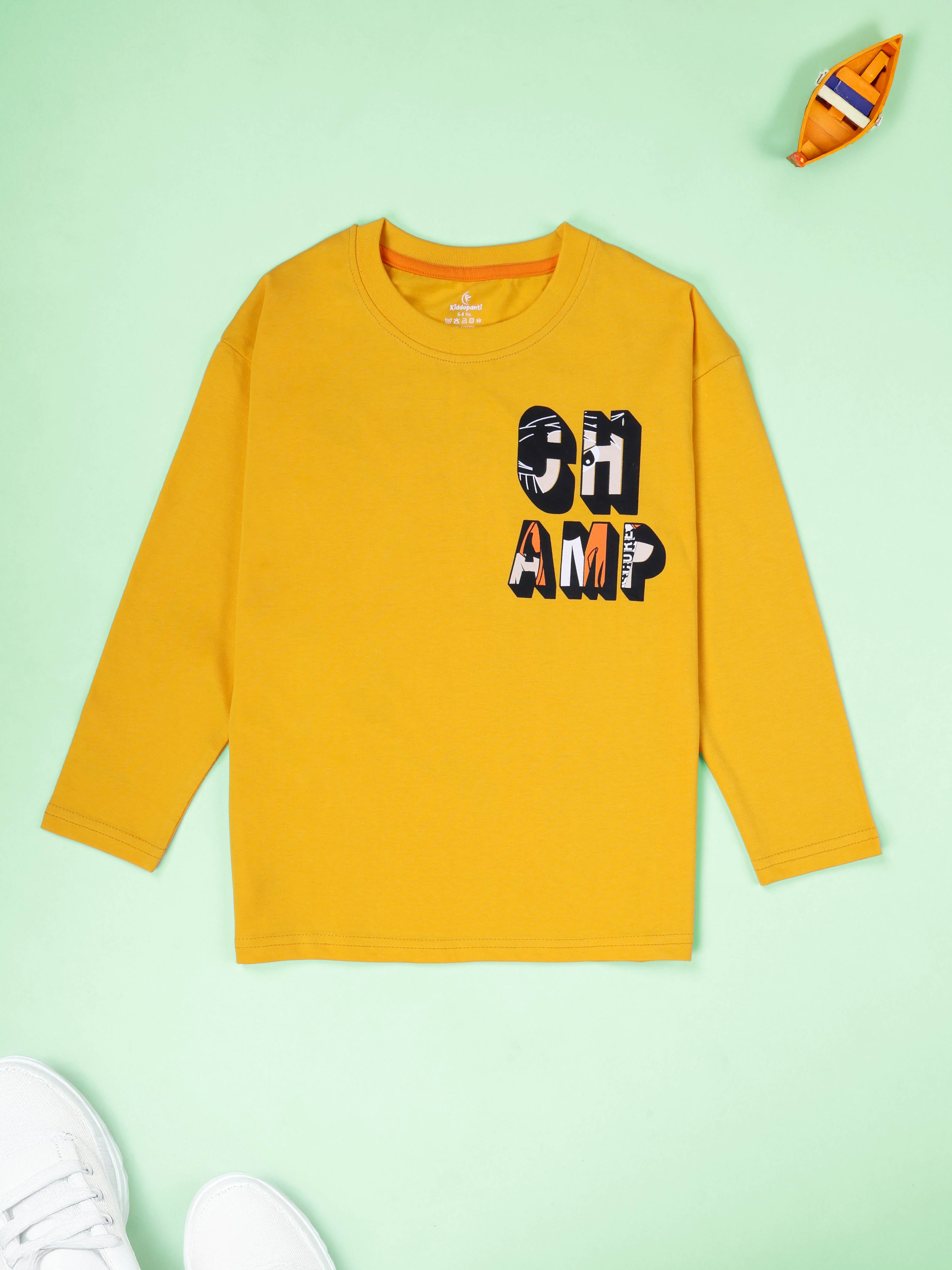 KiddoPanti Boys Cotton Champ Printed Round Neck Full Sleeve Casual Tee