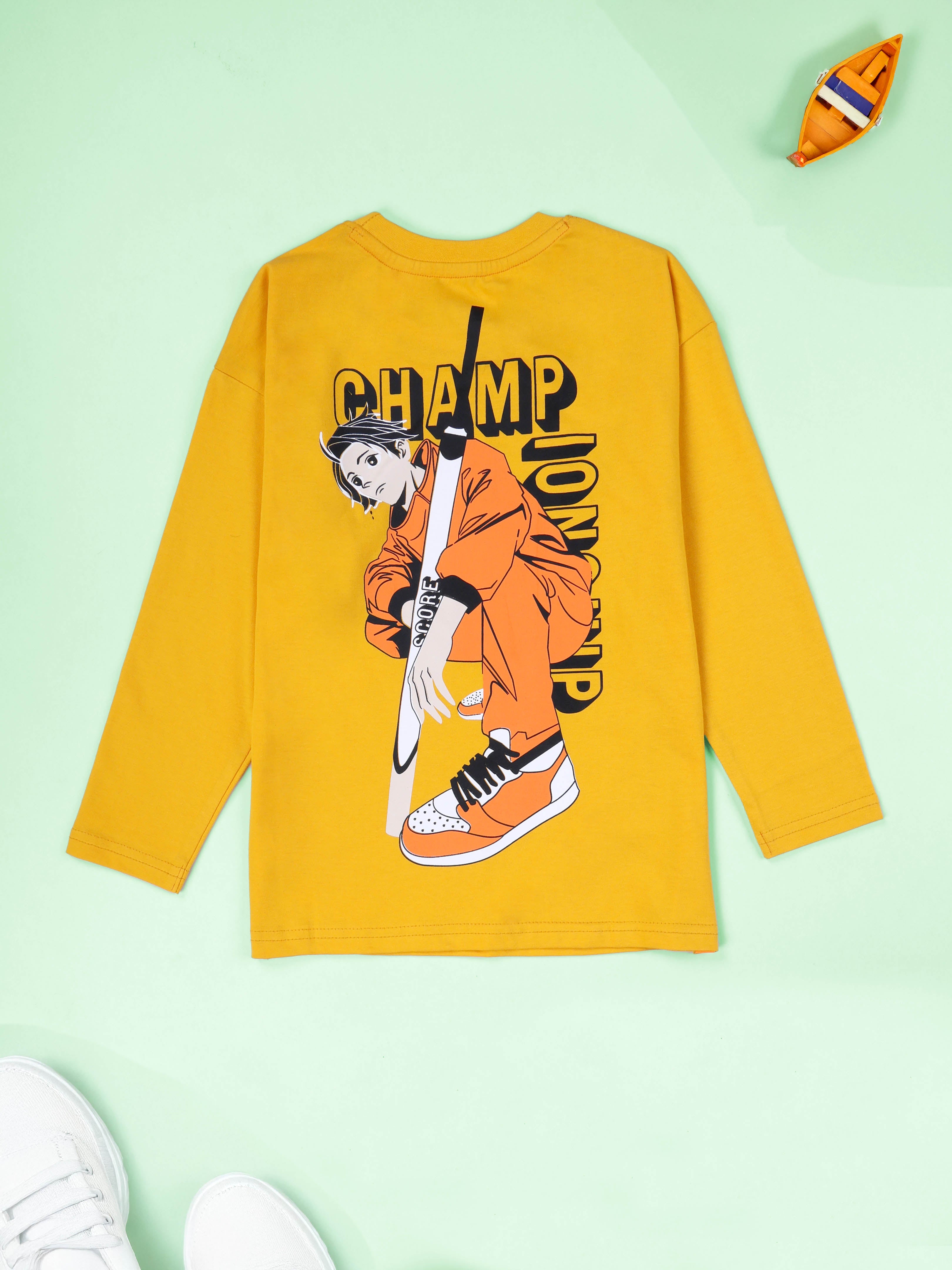 KiddoPanti Boys Cotton Champ Printed Round Neck Full Sleeve Casual Tee