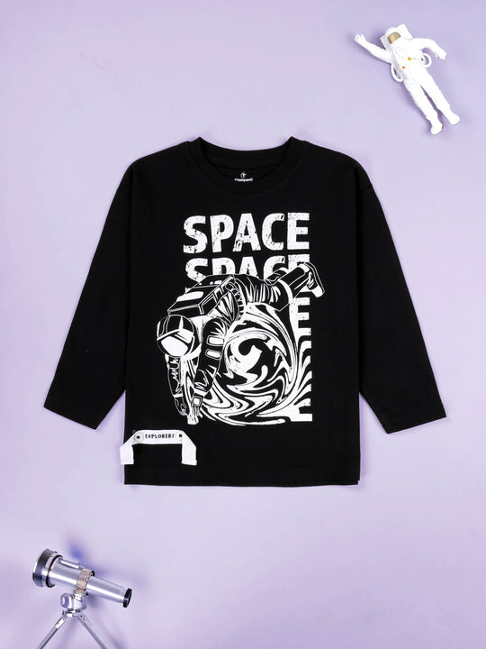 KiddoPanti Cotton Knitted Full Sleeves Space Printed Tee