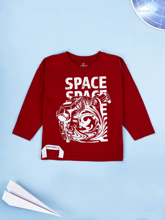 KiddoPanti Cotton Knitted Full Sleeves Space Printed Tee