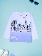 KiddoPanti Boys Cotton New York City Printed Full Sleeve Round Neck Casual Tee - Blue & White / 6-8Y
