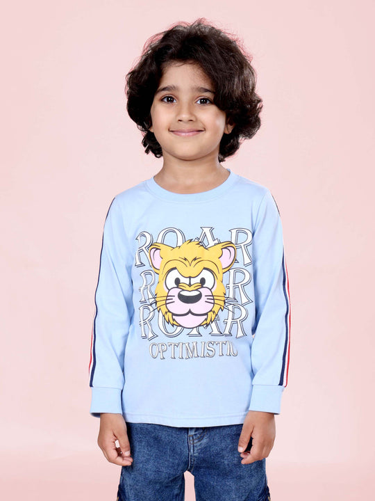 Boys Cotton Knit Full Sleeves Tiger Roar Printed Round Neck Tee