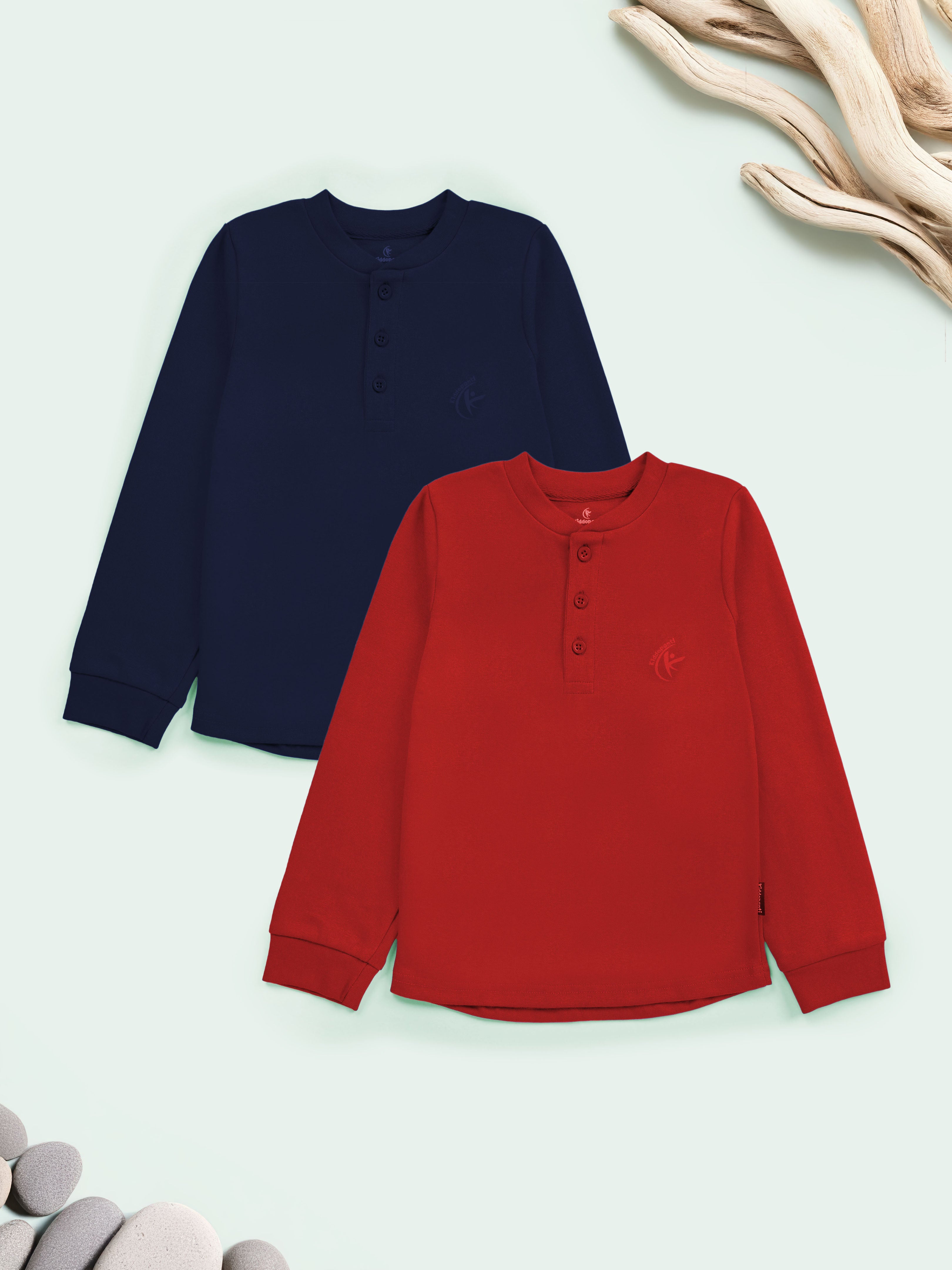 KiddoPanti Solid Full Sleeve Henley Neck Rib Tee Pack of 2