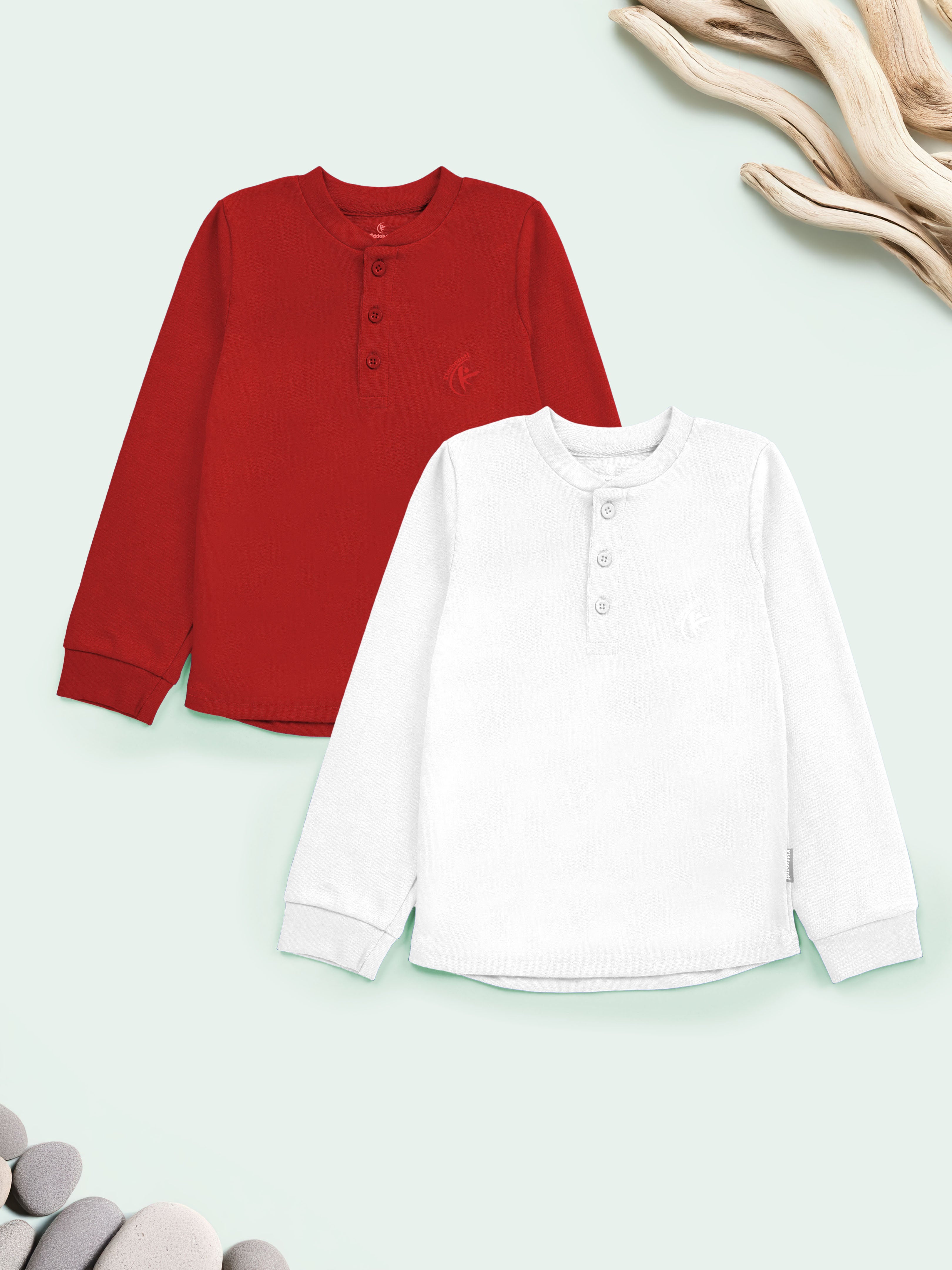 KiddoPanti Solid Full Sleeve Henley Neck Rib Tee Pack of 2